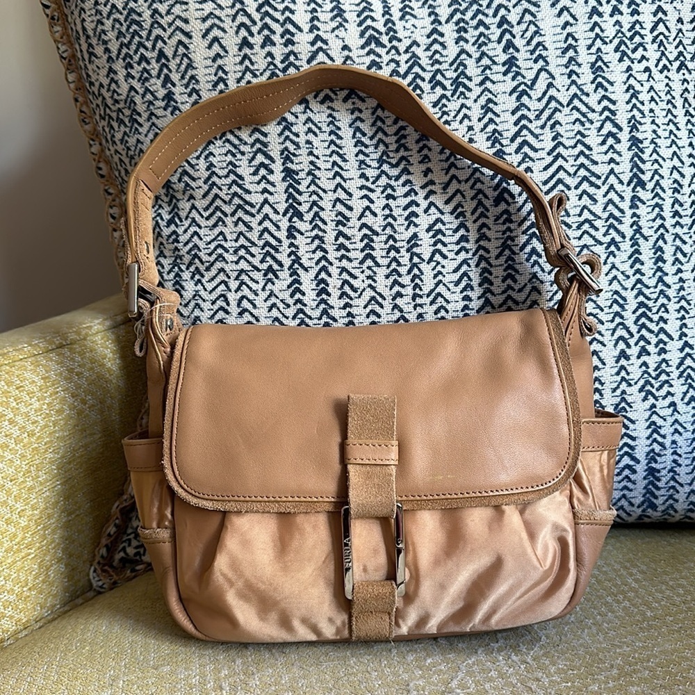 FURLA Camel Small Leather Suede and Nylon Shoulder Bag